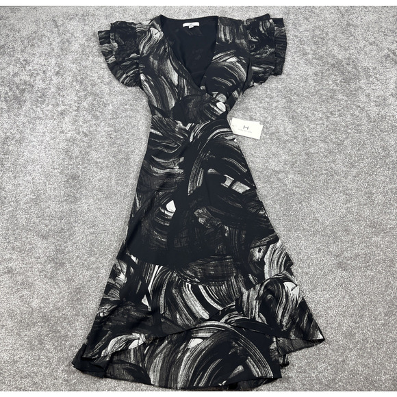 H Halston Dress Womens Extra Small Midi A Line Flutter Sleeve Tiered Deep V Neck - Picture 1 of 14
